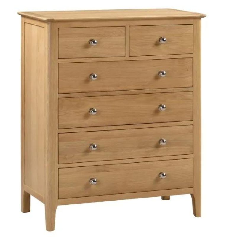 A wooden chest of drawers featuring five spacious drawers, showcasing a classic design and natural wood finish.