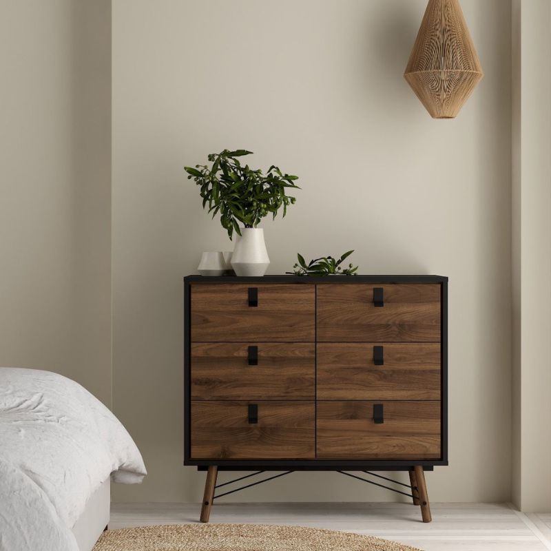 Furniture To Go Ry Package - Wardrobe 3 doors + 3 drawers + Double chest of drawers 6 drawers + Bedside cabinet 2 drawer in Matte Black Walnut