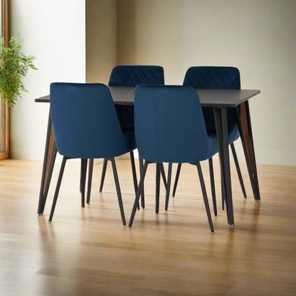 A blue dining table surrounded by four matching chairs, creating a vibrant and inviting dining space.