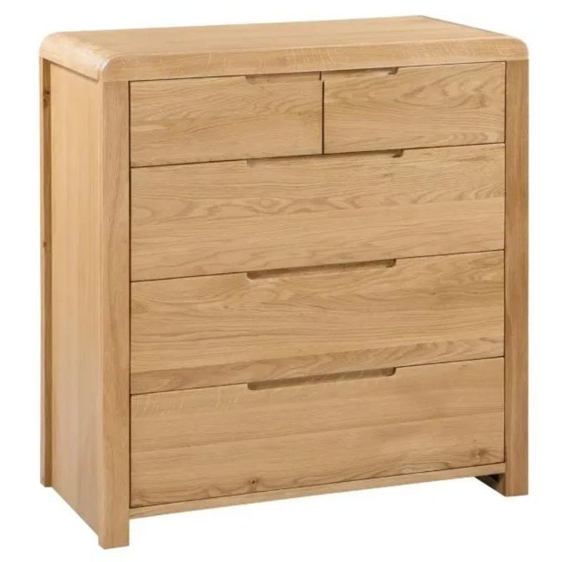 A wooden chest of drawers featuring three spacious drawers, elegantly designed for storage and organization.