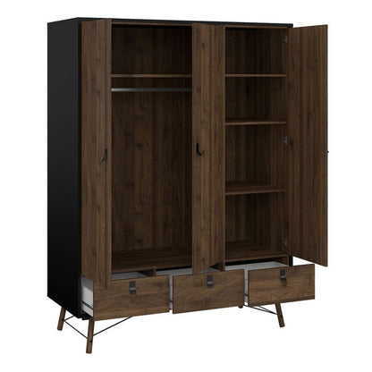 Furniture To Go Ry Package - Wardrobe 3 doors + 3 drawers + Double chest of drawers 6 drawers + Bedside cabinet 2 drawer in Matte Black Walnut