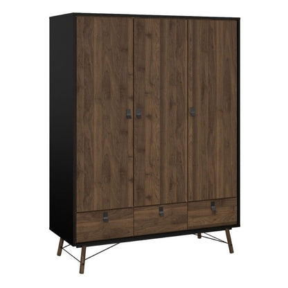 Furniture To Go Ry Package - Wardrobe 3 doors + 3 drawers + Double chest of drawers 6 drawers + Bedside cabinet 2 drawer in Matte Black Walnut