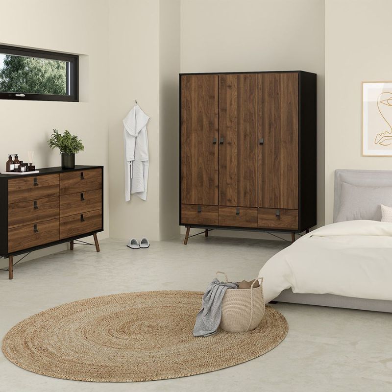 Furniture To Go Ry Package - Wardrobe 3 doors + 3 drawers + Double chest of drawers 6 drawers + Bedside cabinet 2 drawer in Matte Black Walnut