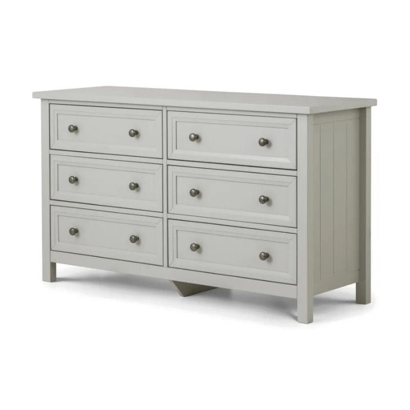 A grey dresser featuring five drawers and two doors, providing ample storage space in a stylish design.