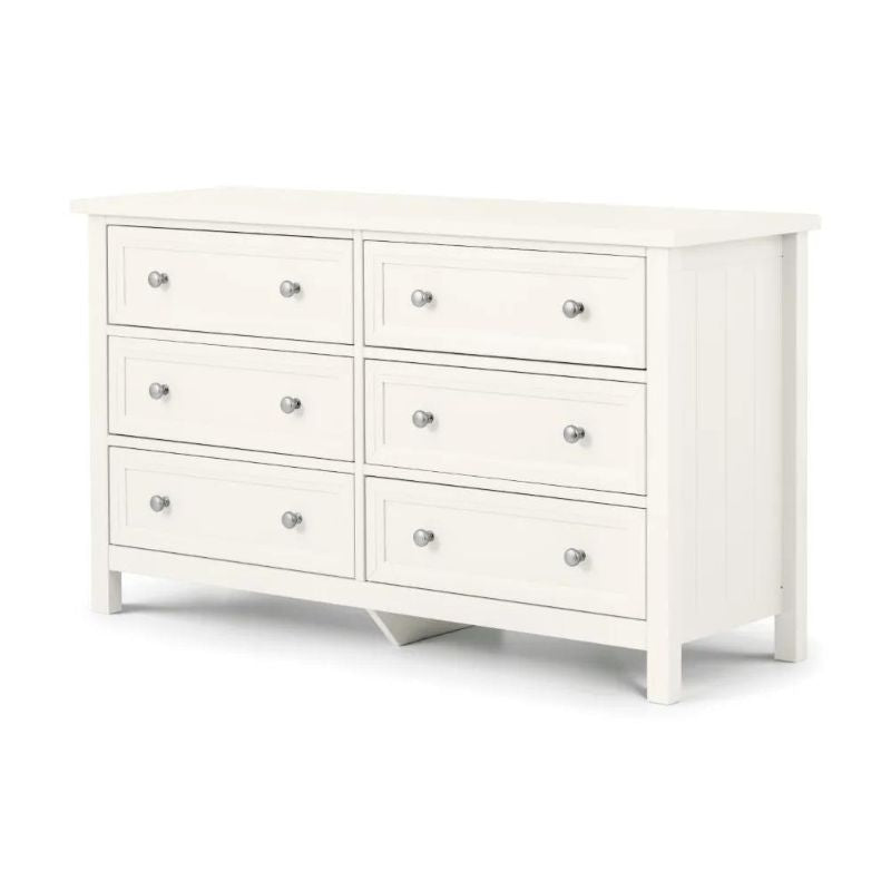 A modern white dresser equipped with five drawers and two doors, ideal for enhancing bedroom or living room decor.