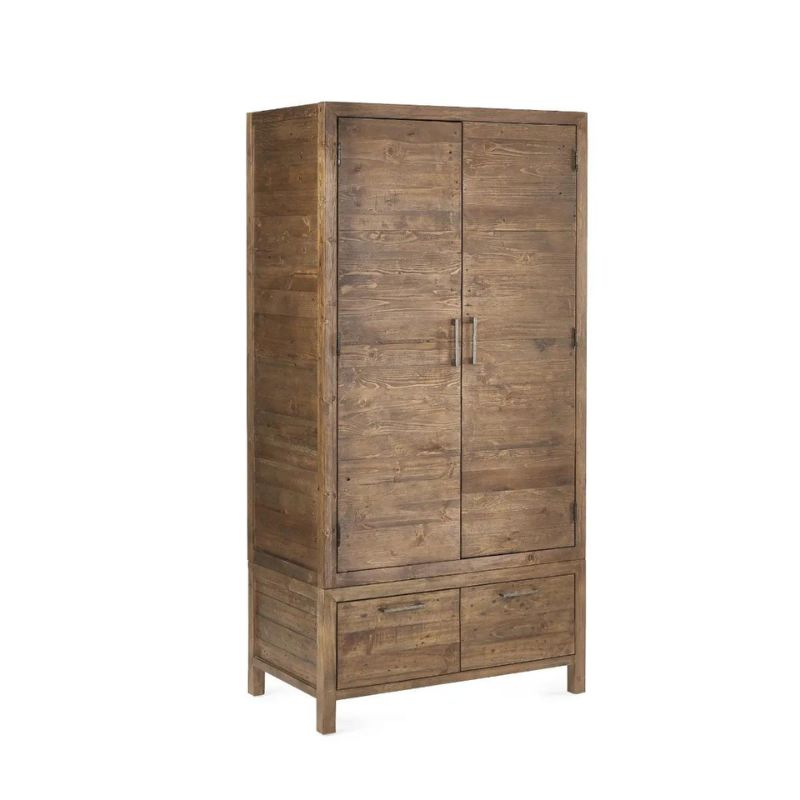 A wooden armoire featuring two drawers and a single door, showcasing a classic and elegant design.