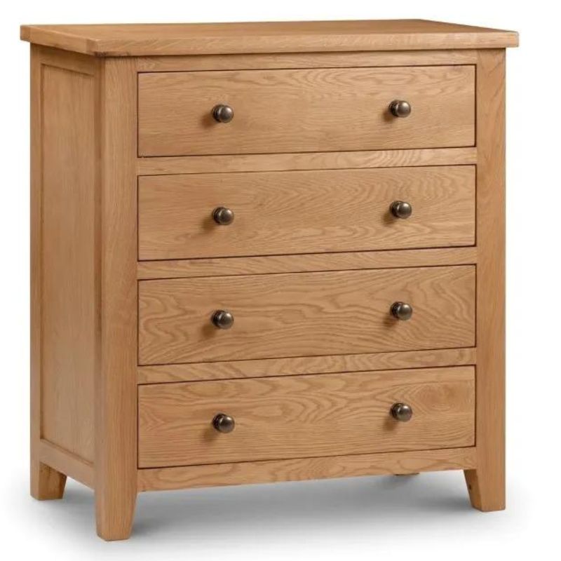 A solid wood oak chest of drawers showcasing a classic design and sturdy construction, ideal for any bedroom decor.