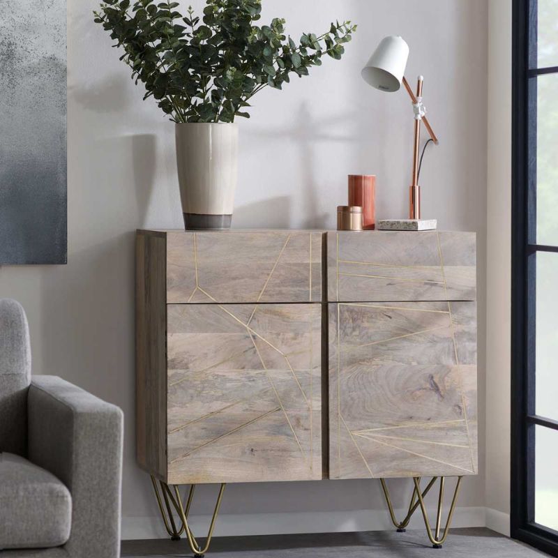 A sleek modern sideboard with two functional drawers, complemented by a decorative plant, adding a touch of greenery.