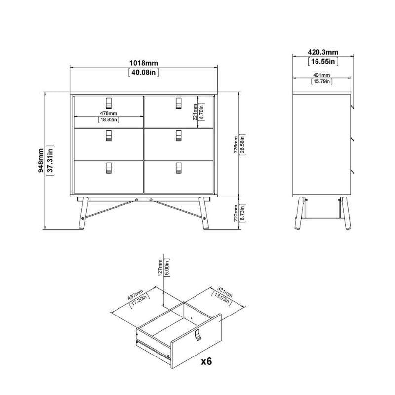 Furniture To Go Ry Package - Wardrobe 3 doors + 3 drawers + Double chest of drawers 6 drawers + Bedside cabinet 2 drawer in Matte White