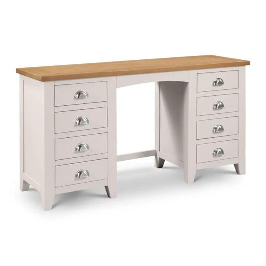 An elegant oak and white dressing table featuring multiple drawers for storage and organization in a stylish design.