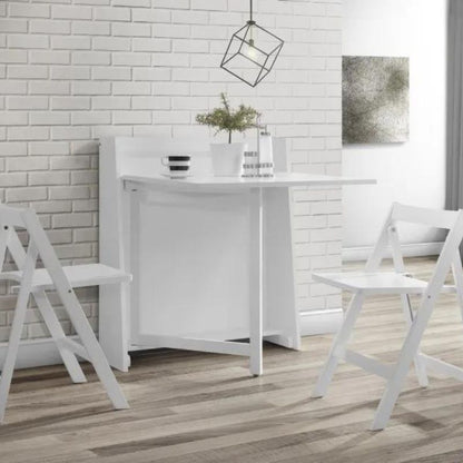 A white dining table accompanied by two matching chairs, creating a clean and modern dining space.