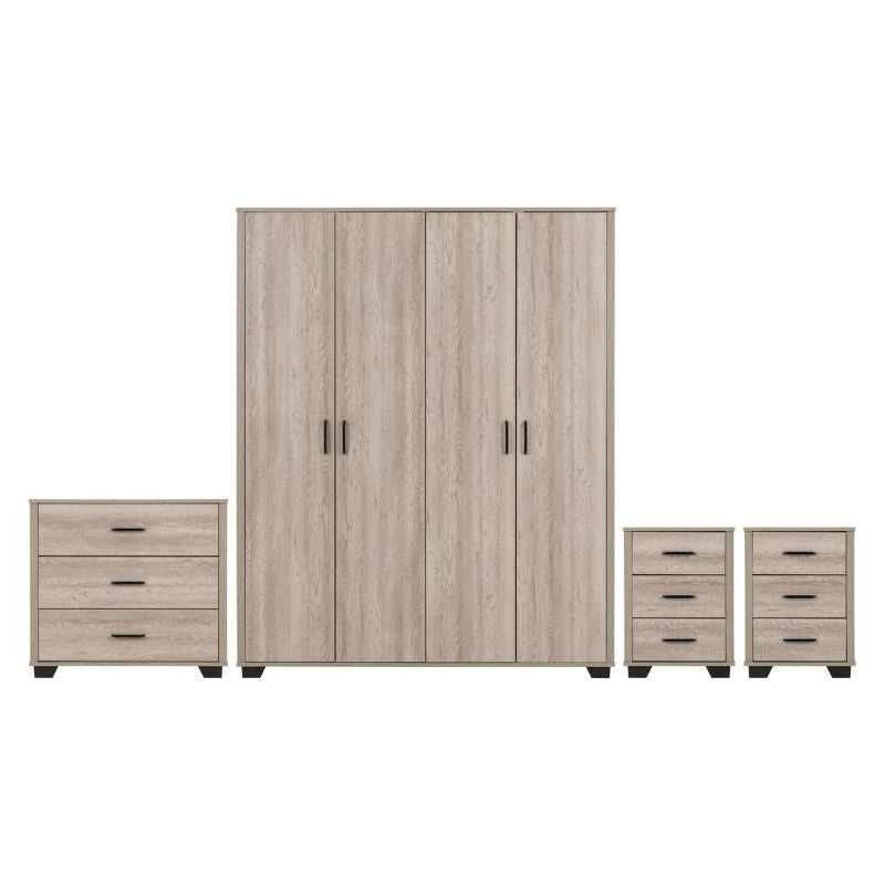 Bedroom set with wardrobe, dresser, and two drawers, perfect for organizing clothes and accessories.