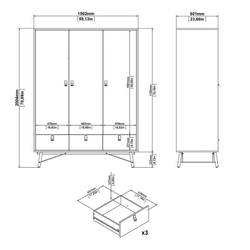 Furniture To Go Ry Package - Wardrobe 3 doors + 3 drawers + Double chest of drawers 6 drawers + Bedside cabinet 2 drawer in Matte White