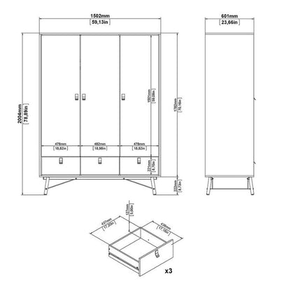 Furniture To Go Ry Package - Wardrobe 3 doors + 3 drawers + Double chest of drawers 6 drawers + Bedside cabinet 2 drawer in Matte White