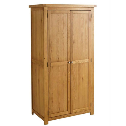 Wooden armoire with two doors, perfect for storing clothes and accessories in a bedroom.