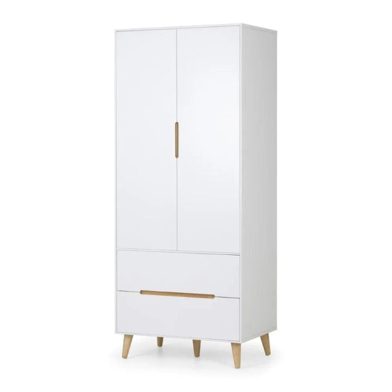 A white wardrobe featuring two drawers and a single door, designed for storage and organization in any space.