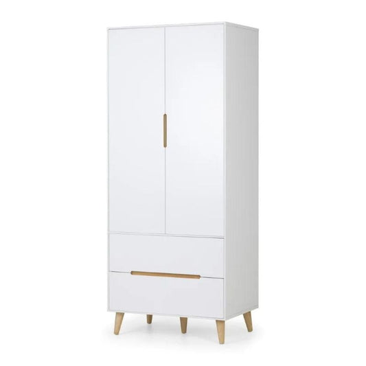 A white wardrobe featuring two drawers and a single door, designed for storage and organization in any space.