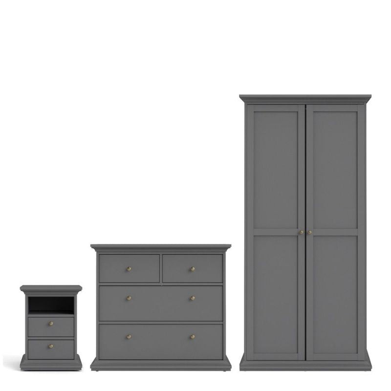 A modern grey bedroom set featuring a chest of drawers, nightstand, and dresser.