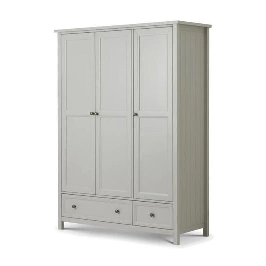 A grey wardrobe featuring two doors and two drawers, providing ample storage space for clothing and accessories.