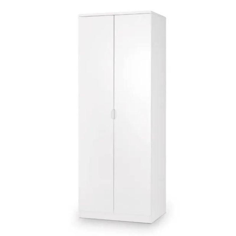 A white wardrobe featuring two doors, set against a clean white background, emphasizing its minimalist design.