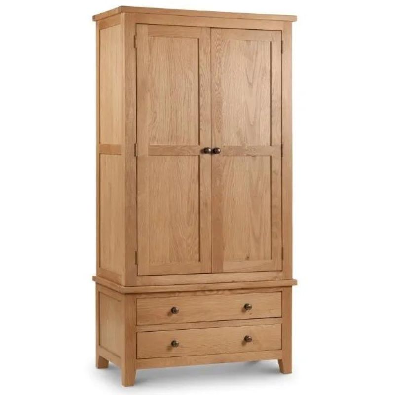 A solid wood oak wardrobe showcasing its sturdy construction and natural grain, emphasizing durability and elegance.