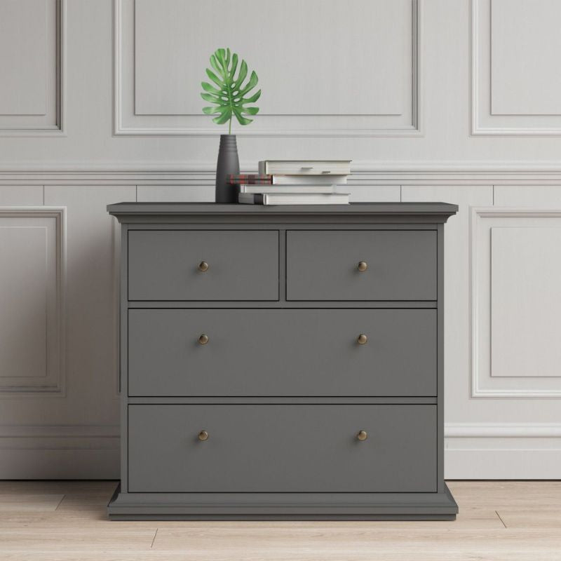 Furniture To Go Paris Package - Bedside 2 Drawers in + Chest of 4 Drawers + Wardrobe with 2 Doors Matte Grey