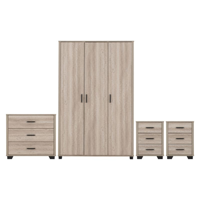 Bedroom set with wardrobe, dresser, and two drawers, perfect for organizing clothes and accessories.