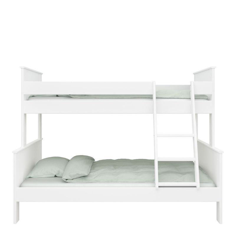 White bunk bed with ladder and two pillows.