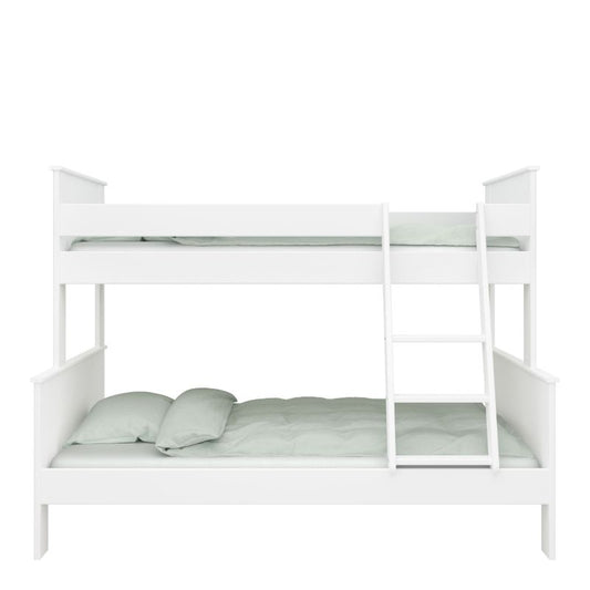 White bunk bed with ladder and two pillows.