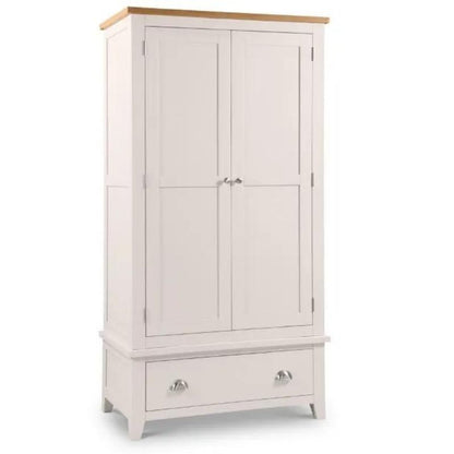 A white painted wardrobe featuring two doors, elegantly designed for stylish storage in any room.