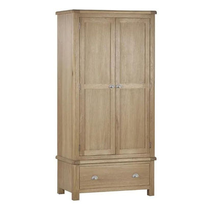 A solid wood oak wardrobe showcasing its sturdy construction and natural grain, emphasizing durability and elegance.