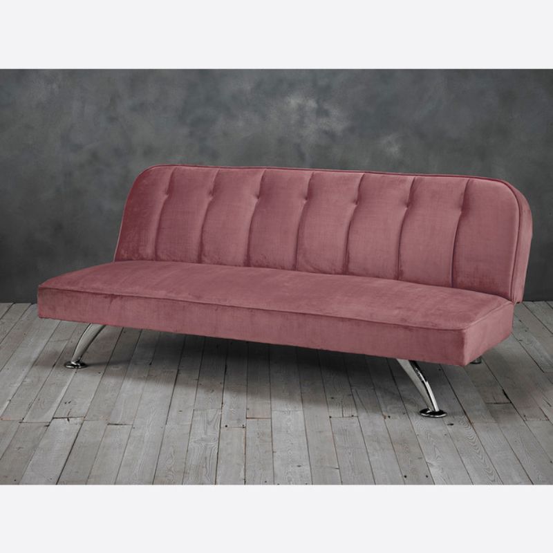  Pink velvet sofa with modern metal legs and frame.