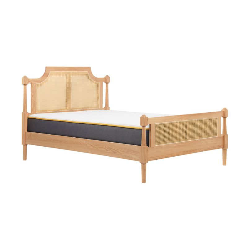 A wooden-framed bed with a comfortable mattress, showcasing a simple and elegant design for restful sleep.