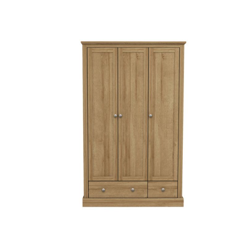 Wooden wardrobe with two doors and drawers, perfect for organizing clothes and accessories.