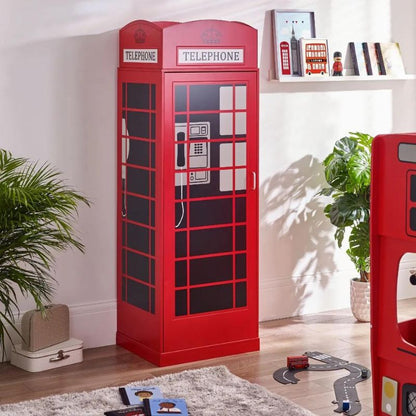 A red telephone booth containing a toy car, showcasing a whimsical blend of nostalgia and playfulness in a vibrant setting.