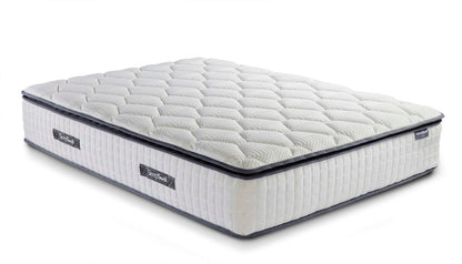 A white mattress displayed prominently, showcasing its clean and simple design.