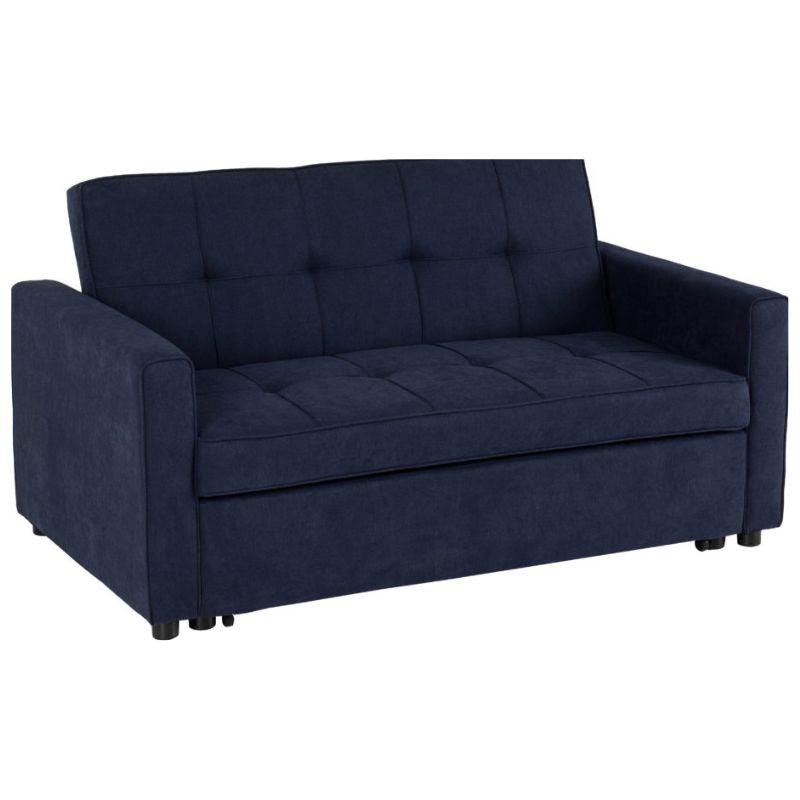 A navy blue sofa with a dark blue upholstered seat.