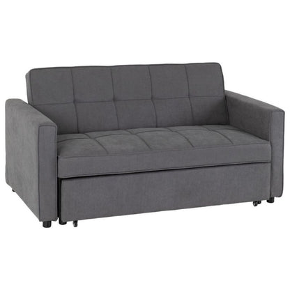 A modern grey sofa with a black frame and wheels.