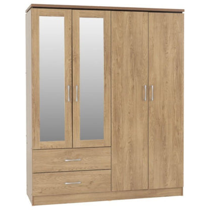 A wooden wardrobe with two doors and two mirrors.