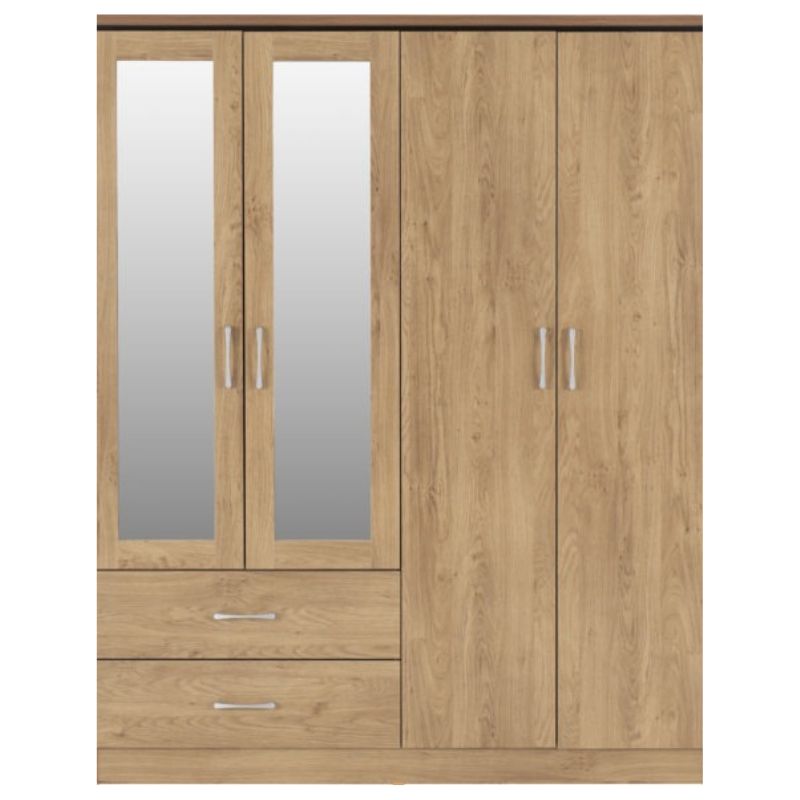 Seconique Charles 4 Door 2 Drawer Mirrored Wardrobe Oak Effect Veneer with Walnut Trim