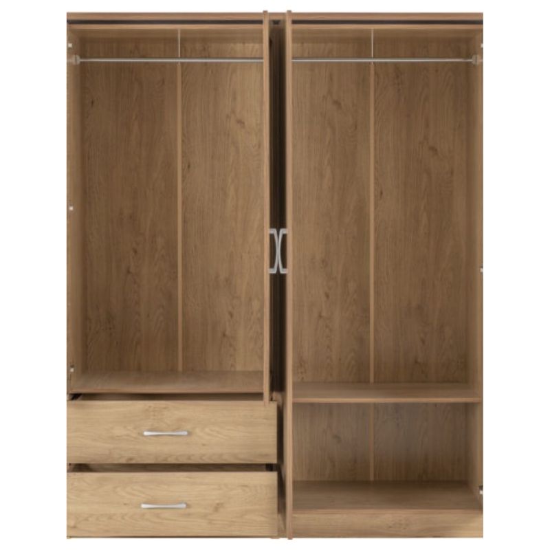 Seconique Charles 4 Door 2 Drawer Mirrored Wardrobe Oak Effect Veneer with Walnut Trim