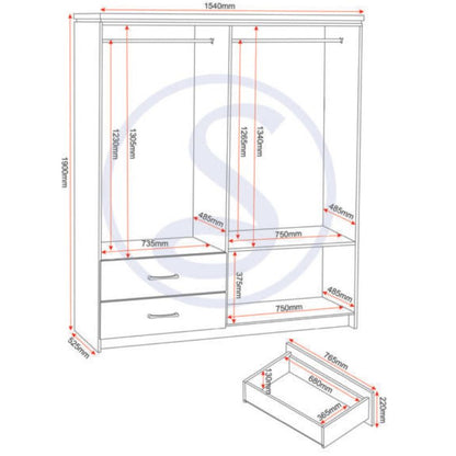 Seconique Charles 4 Door 2 Drawer Mirrored Wardrobe Oak Effect Veneer with Walnut Trim