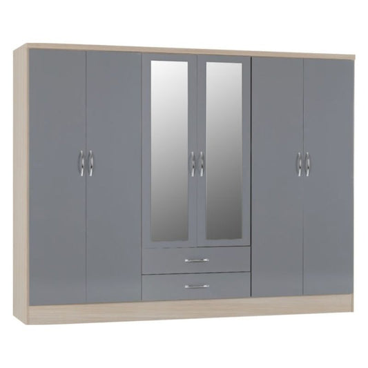 A grey wardrobe with two doors and two drawers, perfect for storing clothes and accessories.