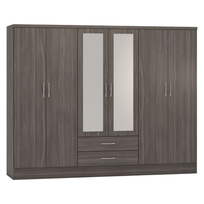 A black wood wardrobe with two doors and drawers, perfect for storing clothes and accessories.