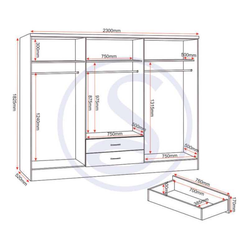 Seconique Nevada 6 Door 2 Drawer Mirrored Wardrobe Black Wood Grain