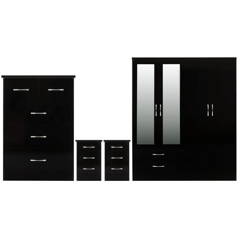 Black bedroom set with drawers and mirror, perfect for a modern and elegant bedroom decor.