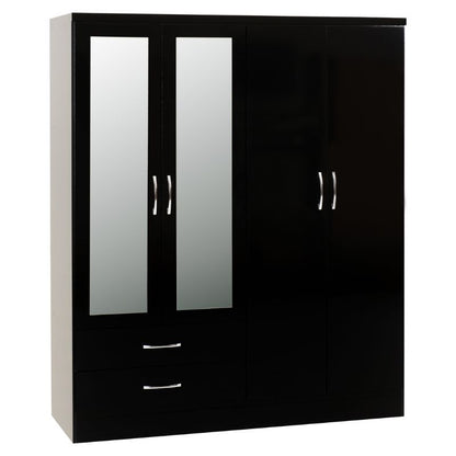 Seconique Nevada 4 Door 2 Drawer Mirrored Wardrobe Bedroom Set Black Gloss