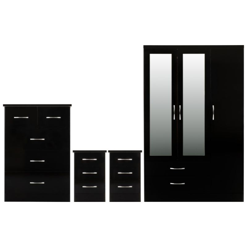 Black bedroom furniture including drawers and a mirror.