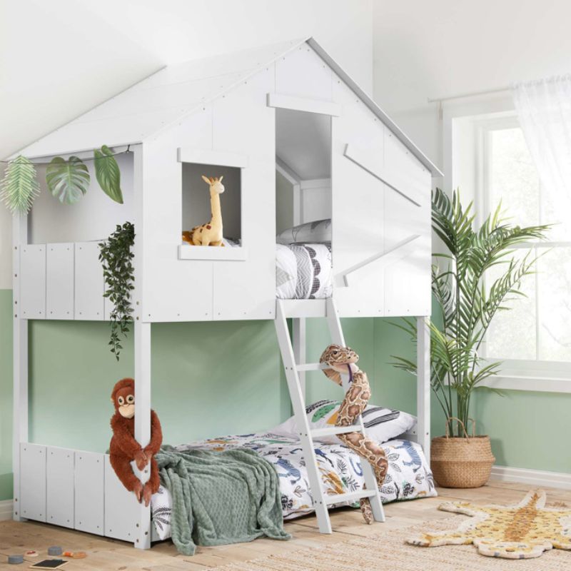 A children's bedroom with a bunk bed and a giraffe plush toy.